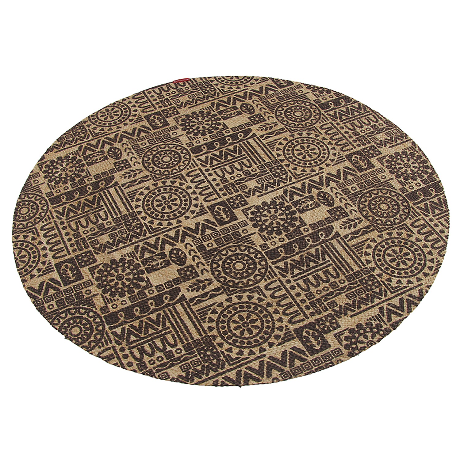 The RAMSHA HOME Jute Natural Rug Round BR-067 (90 cm) features intricate dark brown geometric and tribal patterns—circles, triangles, and squares—on a tan background for a natural look.
