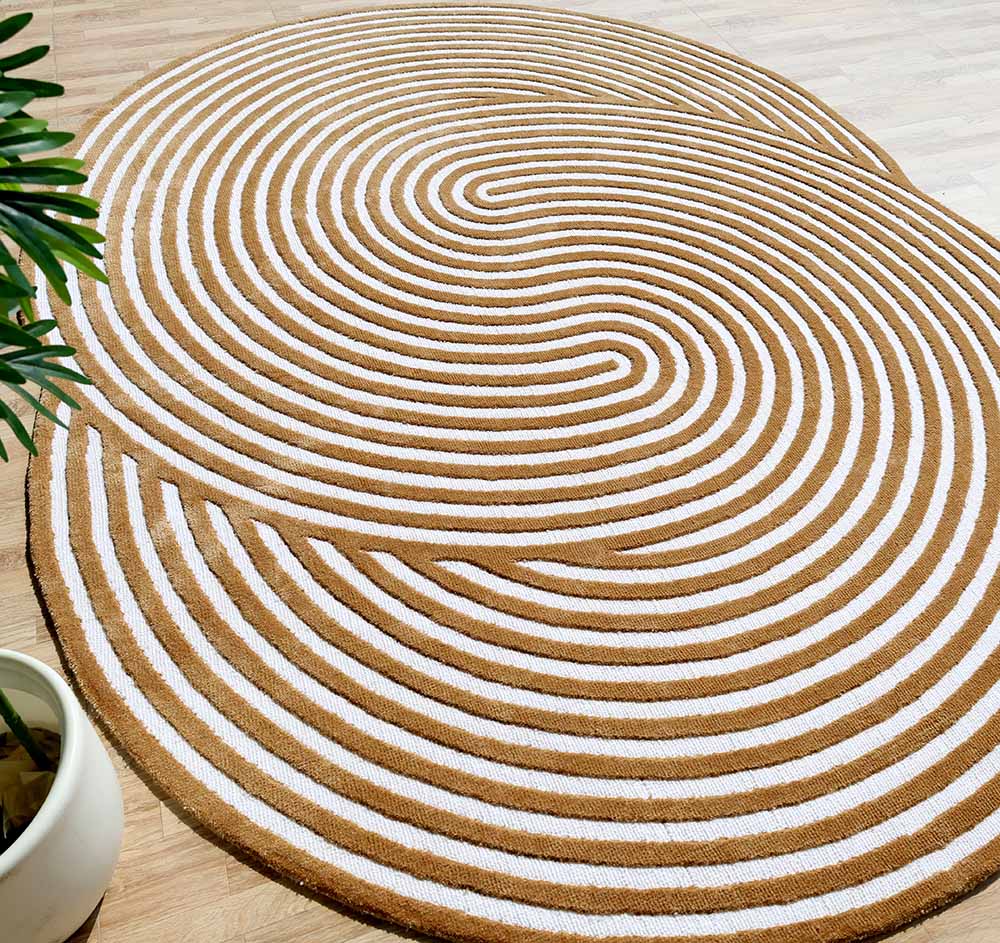 The RAMSHA HOME Novara Rug Ramsha Indian Multi Color - CMN 29 (195X280cm) with brown and white swirls rests on a light wood floor, while a green leafy plant in a white pot adds to this modern rug's stylish appeal.
