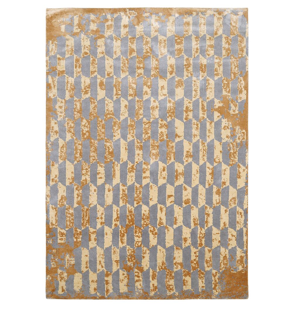 The RAMSHA HOME Home Decor Multi Color Novara Rug - CMN 82 is a machine-made area rug with a repeating geometric pattern in beige and gold on a light blue-gray background, showcasing an abstract, slightly weathered textured look.