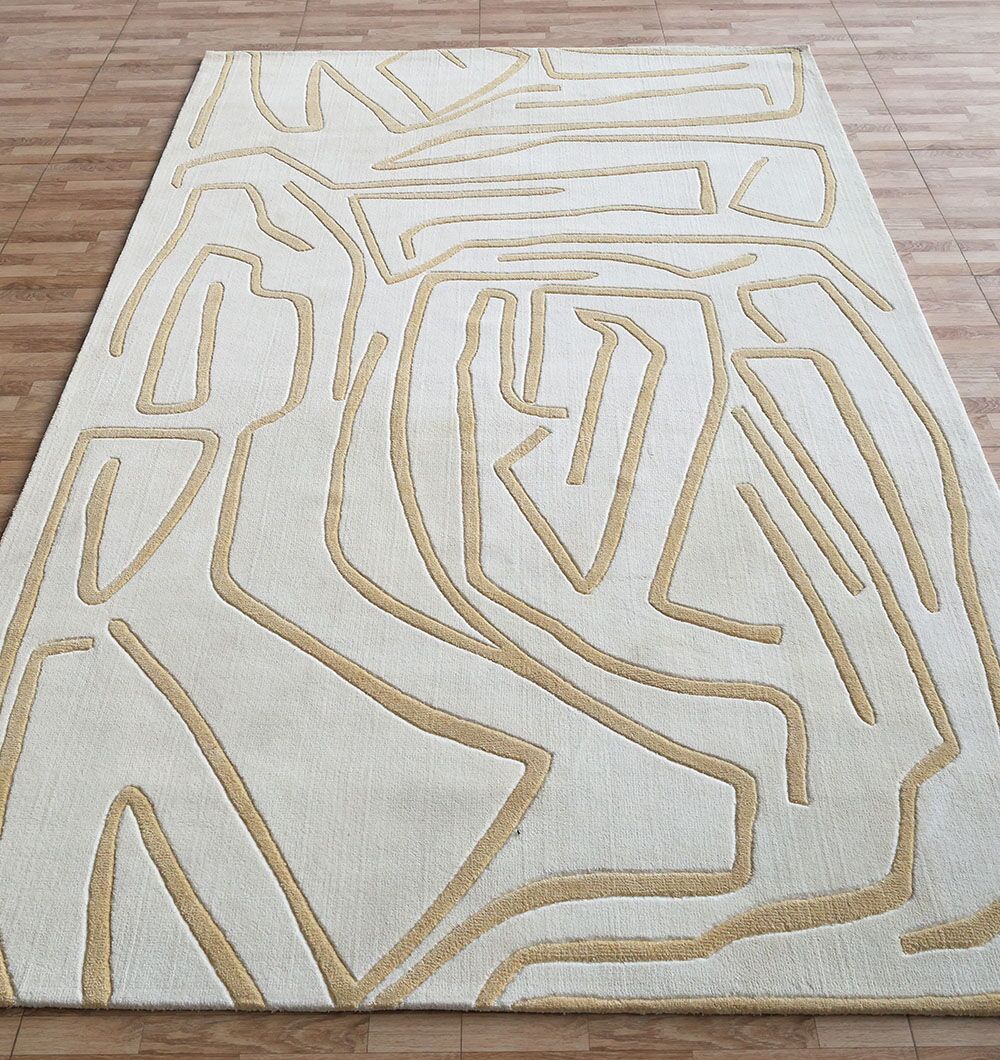 The RAMSHA HOME White & Beige Novara Area Rug - CMN 84 (200x300 cm) features a modern abstract design with raised tan patterns. This organic, maze-like area rug is displayed on a light brown wooden floor.