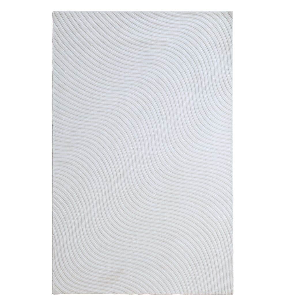 The RAMSHA HOME Rectangle White Color Novara Rug - CMN 85 (200x300 cm) features a modern off-white background with subtle wavy lines, creating an abstract, stylish look ideal for contemporary spaces. Machine-made for quality and durability.
