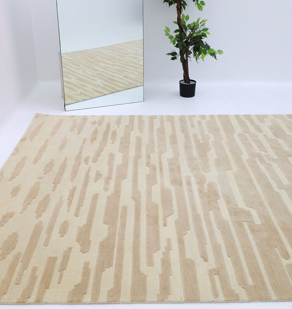 A dark beige RAMSHA HOME rug (CMN 88, 200x300 cm) with a modern linear abstract design lies on a white floor. A potted plant and a large rectangular mirror reflecting the beige area rug and plant are in the background.