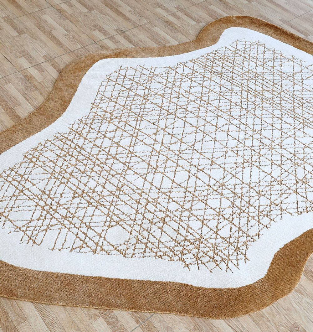 The Novara Shape White & Beige Area Rug by RAMSHA HOME (CMN 90, 200x300 cm) features an abstract irregular shape with a white center, intersecting brown lines, and a bold border—ideal for accenting light wood floors.