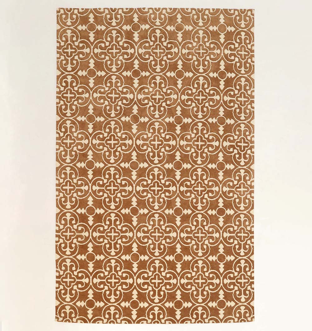 The RAMSHA HOME Moroccan Trellis Medallion Brown & Ivory Rug – CMN 93 is a rectangular machine-made rug with interlocking geometric medallions in brown and ivory on a light background, offering versatile, stylish decor.
