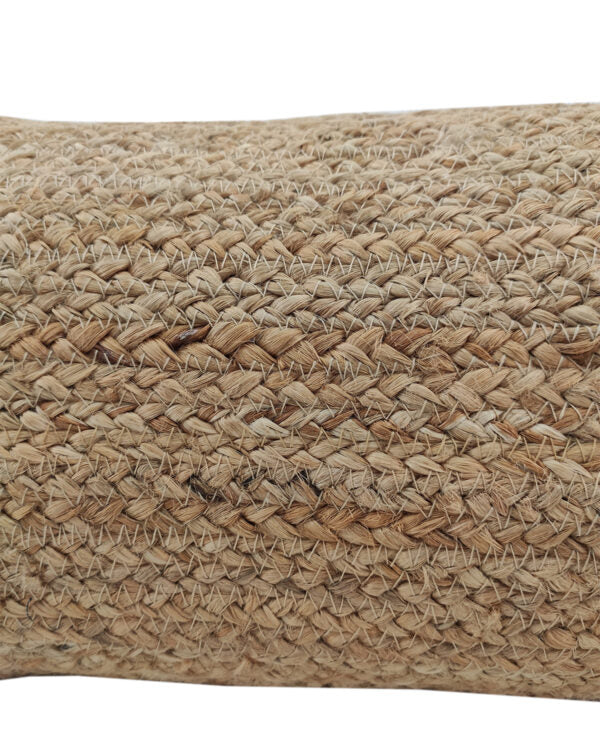 Close-up of the Ramsha Home Natural Color Jute Cushion with Filler (30x90cm, CS 205) shows its woven, tan jute texture—an elegant, rustic accent for couch, floor, or car. Perfect home decor from a luxury UAE brand.