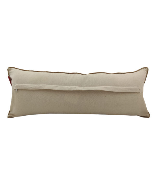 The Ramsha Home Natural Color Jute Cushion with Filler (CS 205, 30x90cm) features brown piping, a back zipper pocket, and adds rustic elegance to your couch, floor, or car. Shown on a white background.