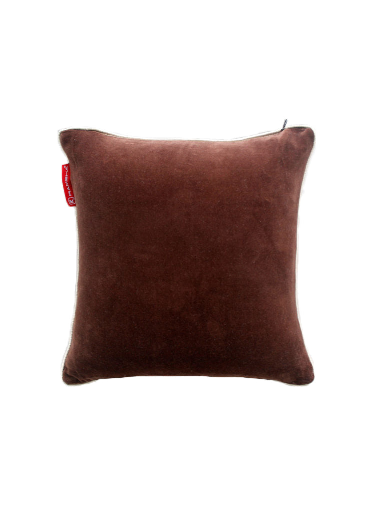 The RAMSHA HOME Polyester Cushion Plain With Filler cs-233 is a square, plush brown cushion with a soft velvet texture and a small red fabric tag on the left side, perfect for elegant home decor and shown against a white background.