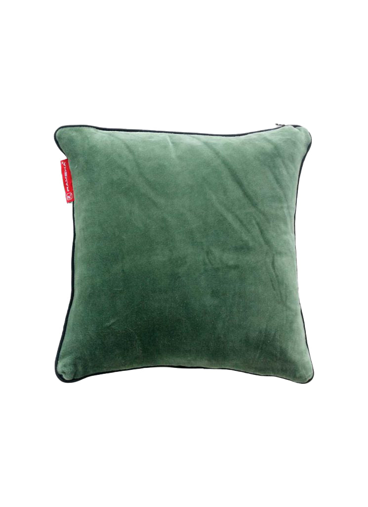 The RAMSHA HOME Polyester Cushion Plain With Filler cs-233 is a square green velvet cushion with black piping, plush filling, and a small red fabric tag on one side, shown against a white background.