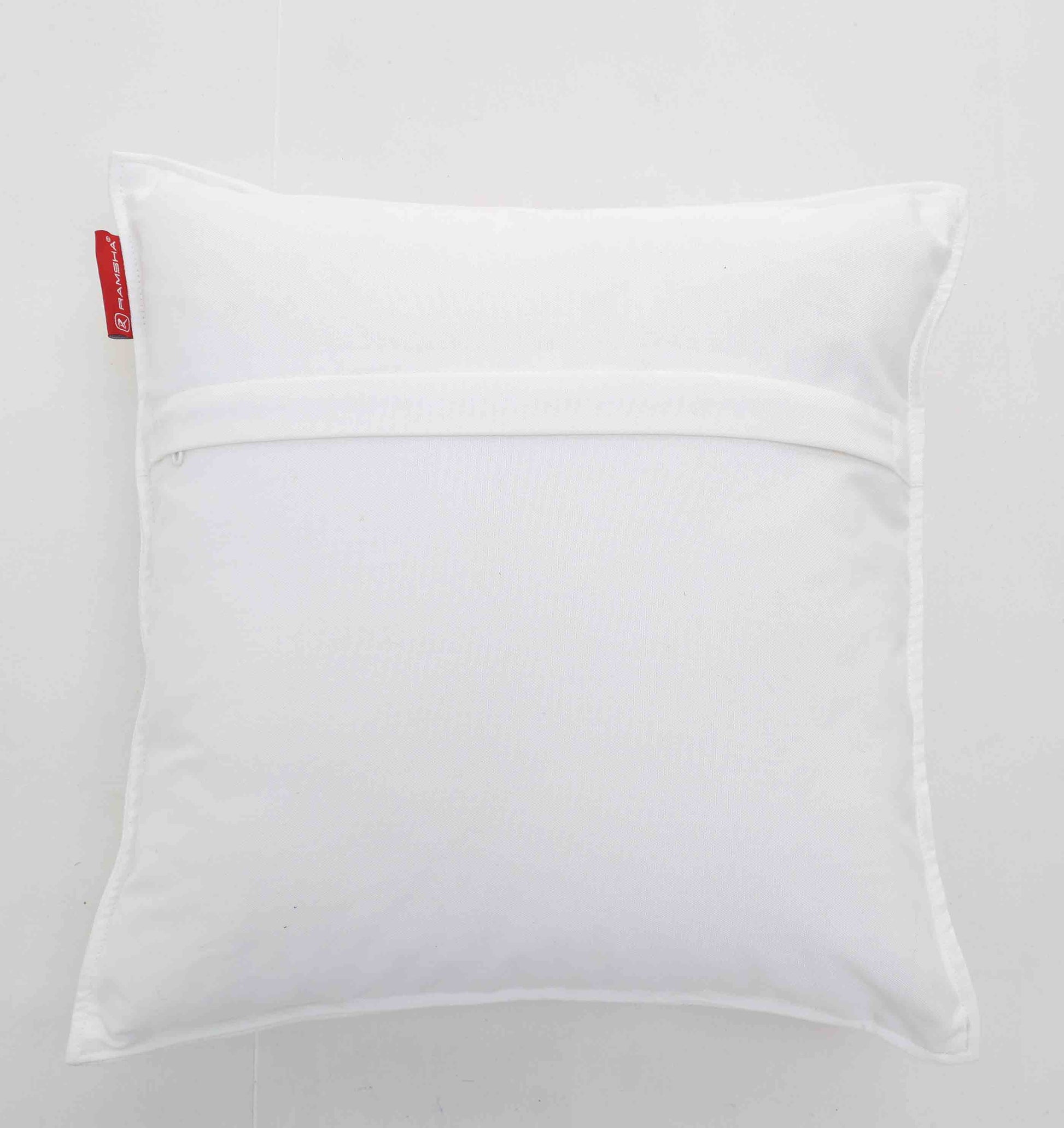 The White Color Decorative Cushion For Sofa - CS 293 by Ramsha Home is a square cushion with a horizontal zipper pocket and small red tag, perfect for modern décor. Shown on a plain white background.
