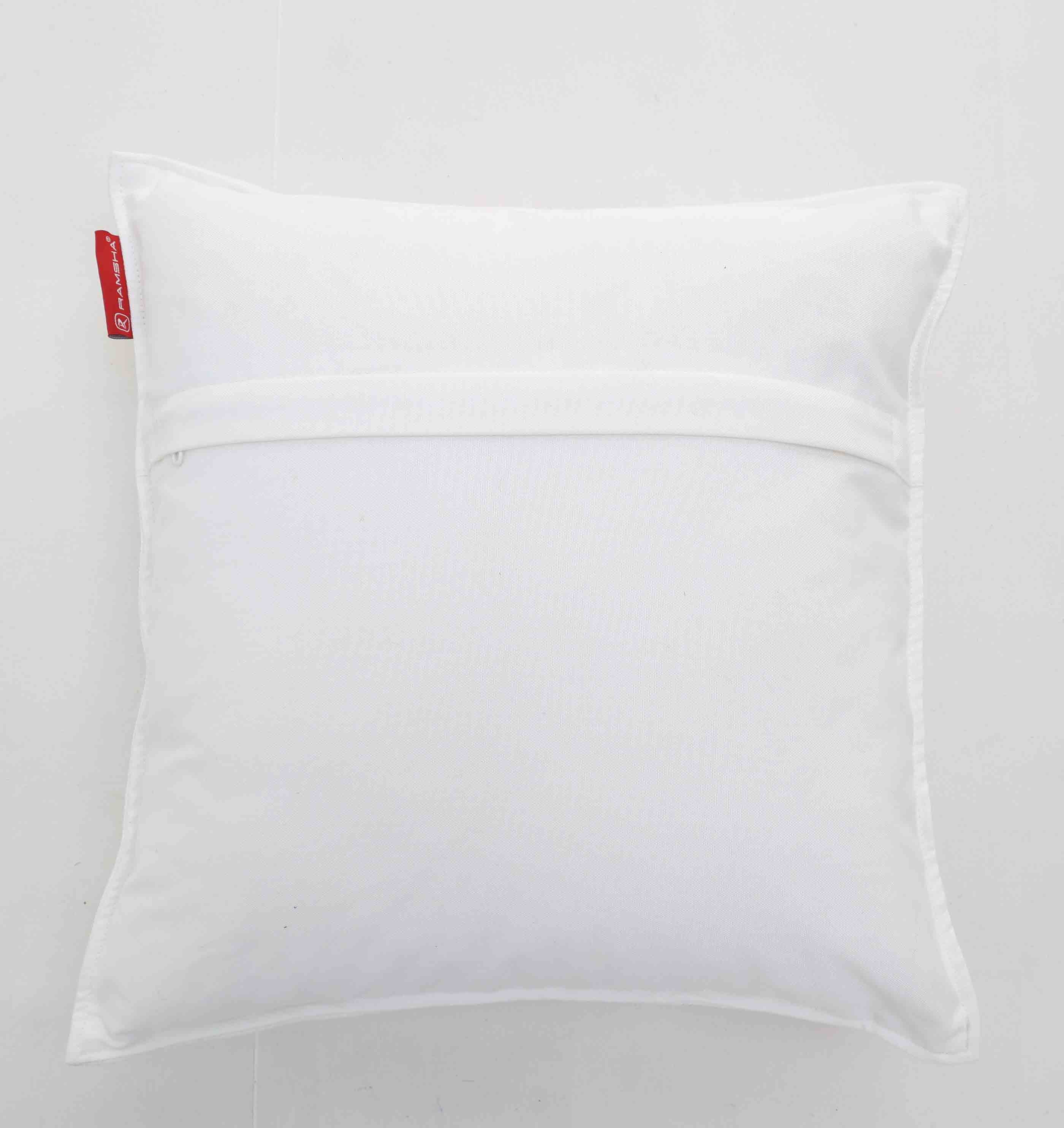 The White Color Decorative Cushion For Sofa - CS 293 by Ramsha Home is a square cushion with a horizontal zipper pocket and small red tag, perfect for modern décor. Shown on a plain white background.