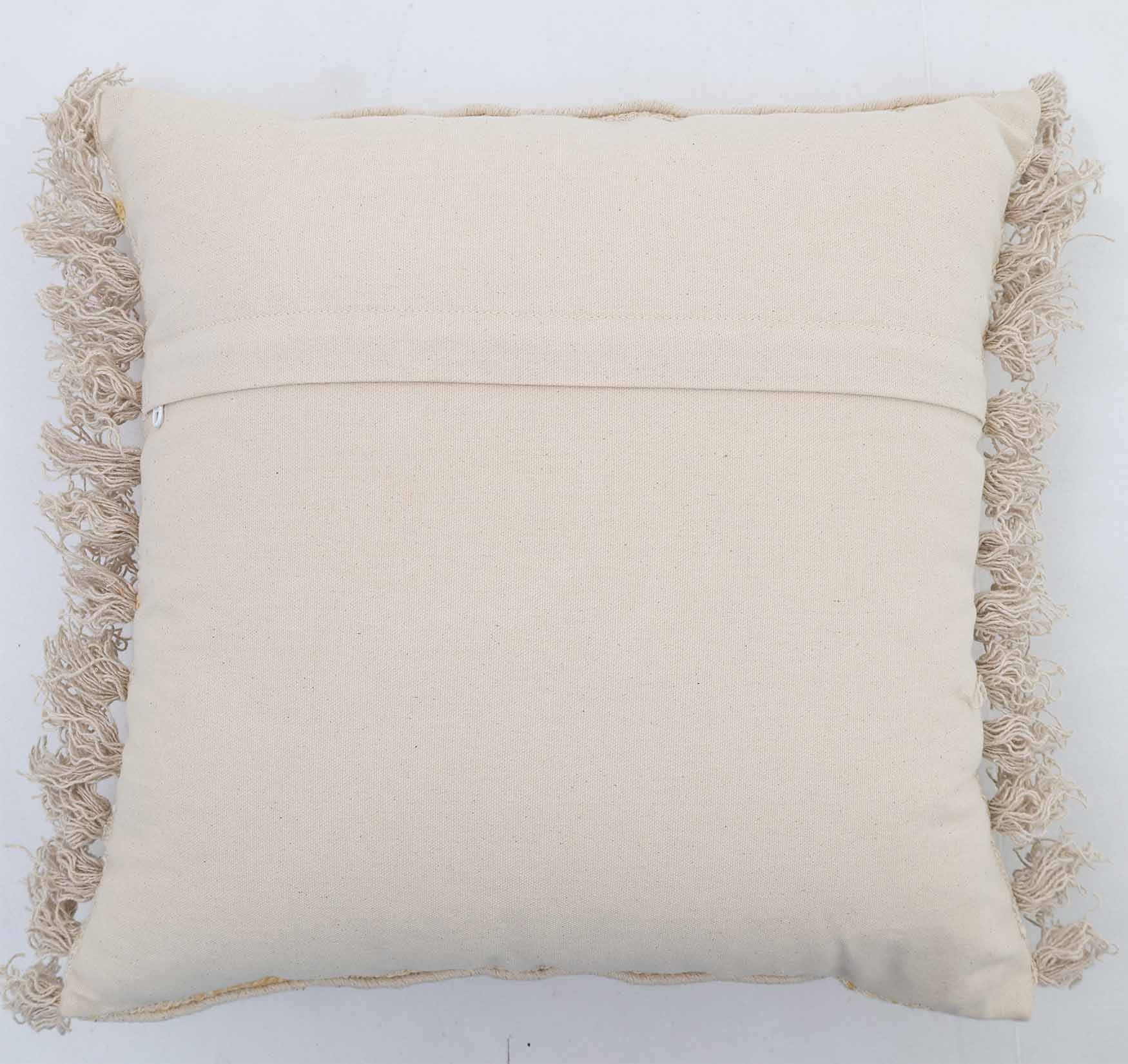 The Natural Color Cushion - CS 295 (45x45cm) by Ramsha Home features a plain beige cover, fringe trim, square shape, and horizontal flap back opening. A stylish addition to your decor from a luxury home brand in the UAE.