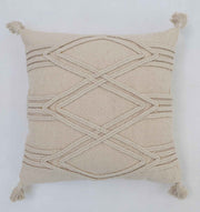 The Ramsha Home Decor Tassel Cushion Natural Color - CS 304 (45x45cm) features a cream tone with raised diamond and line patterns, tassels on each corner, and is displayed against a plain white background.