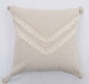 The Ramsha Home Decor Tassel Cushion CS 305 (45x45cm) in natural beige features two V-shaped rows of white fringe and corner tassels—stylish and perfect for your decor. From Ramsha Home, luxury rugs & furnishings brand in the UAE.