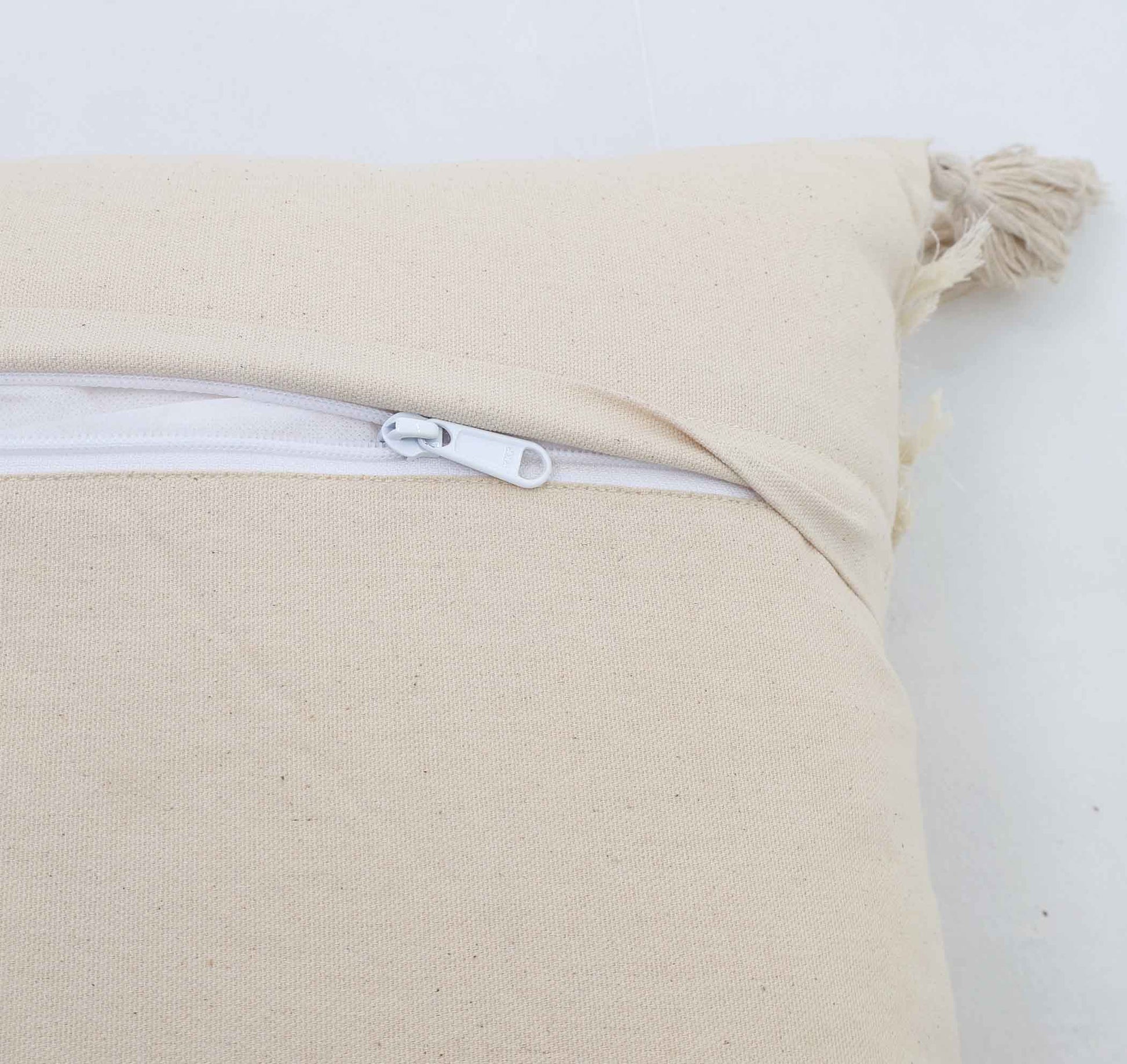 The Home Decor Tassel Cushion Natural Color - CS 305 (45x45cm) by Ramsha Home features a light beige fabric, white zipper, and decorative tassel—perfect for stylish home decor against a plain white background.