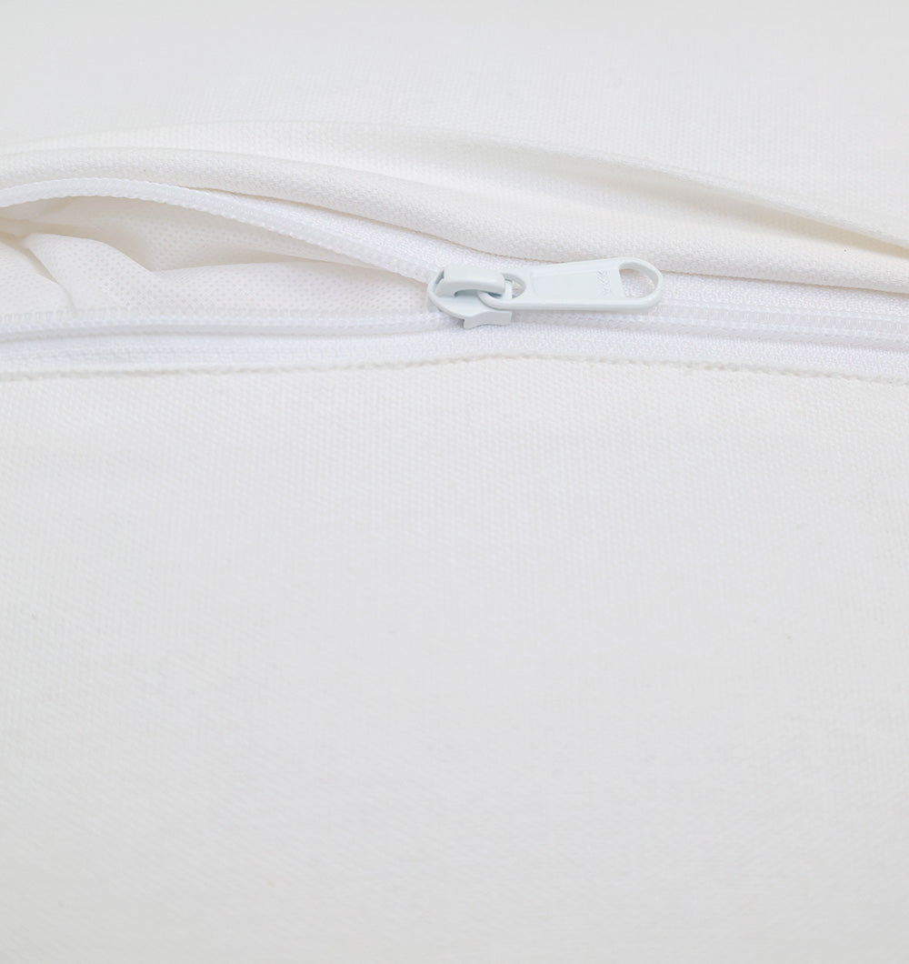 Close-up of a white zipper partially open on the Ramsha Home White and Grey Printed Cotton Cushion 45x45 cm (CS 319), revealing its premium cotton surface, perfect as a decorative cover.