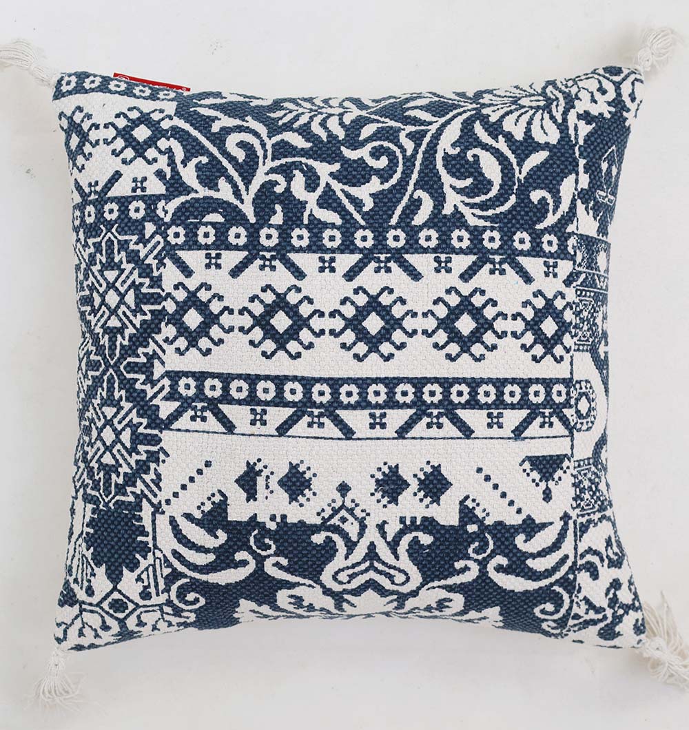 The White and Blue Printed Cotton Cushion 45x45 cm CS 323 by Ramsha Home features an intricate geometric and floral design, perfect for adding elegance to your space.