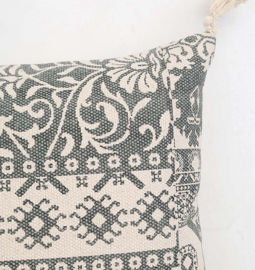 Close-up of the Ramsha Home White and Grey Printed Cotton Cushion 45x45 cm CS 324, featuring stylish floral and geometric patterns. Crafted from premium cotton for a textured look, this elegant accent is perfect for modern interiors.