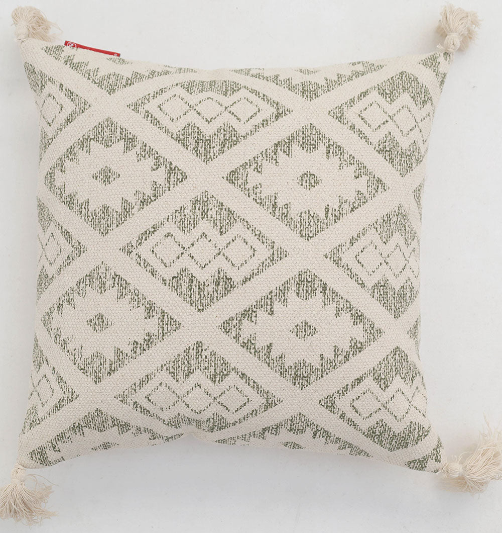 The Ramsha Home White and Grey Printed Cotton Cushion 45x45 cm CS 325 features a stylish geometric pattern, crafted for luxury and comfort by the renowned home furnishings brand in the UAE.