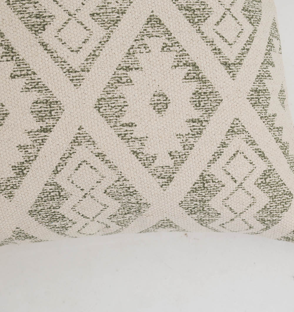 Close-up of the Ramsha Home White and Grey Printed Cotton Cushion 45x45 cm CS 325, featuring a geometric diamond and zigzag pattern. The luxury cushion rests on a plain, light background.