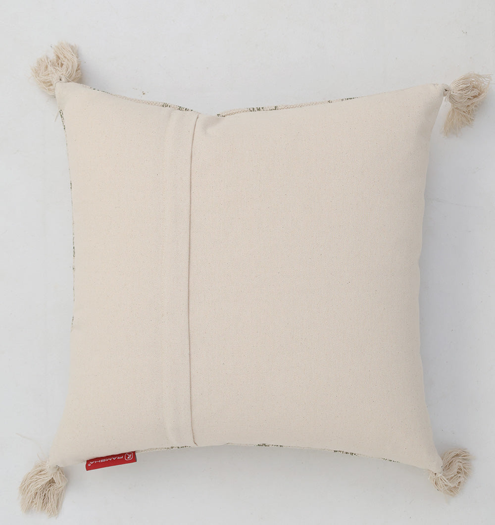 The Ramsha Home White and Grey Printed Cotton Cushion 45x45 cm CS 325 is displayed on a white background, featuring an envelope closure on the back and a small red fabric tag on the side.