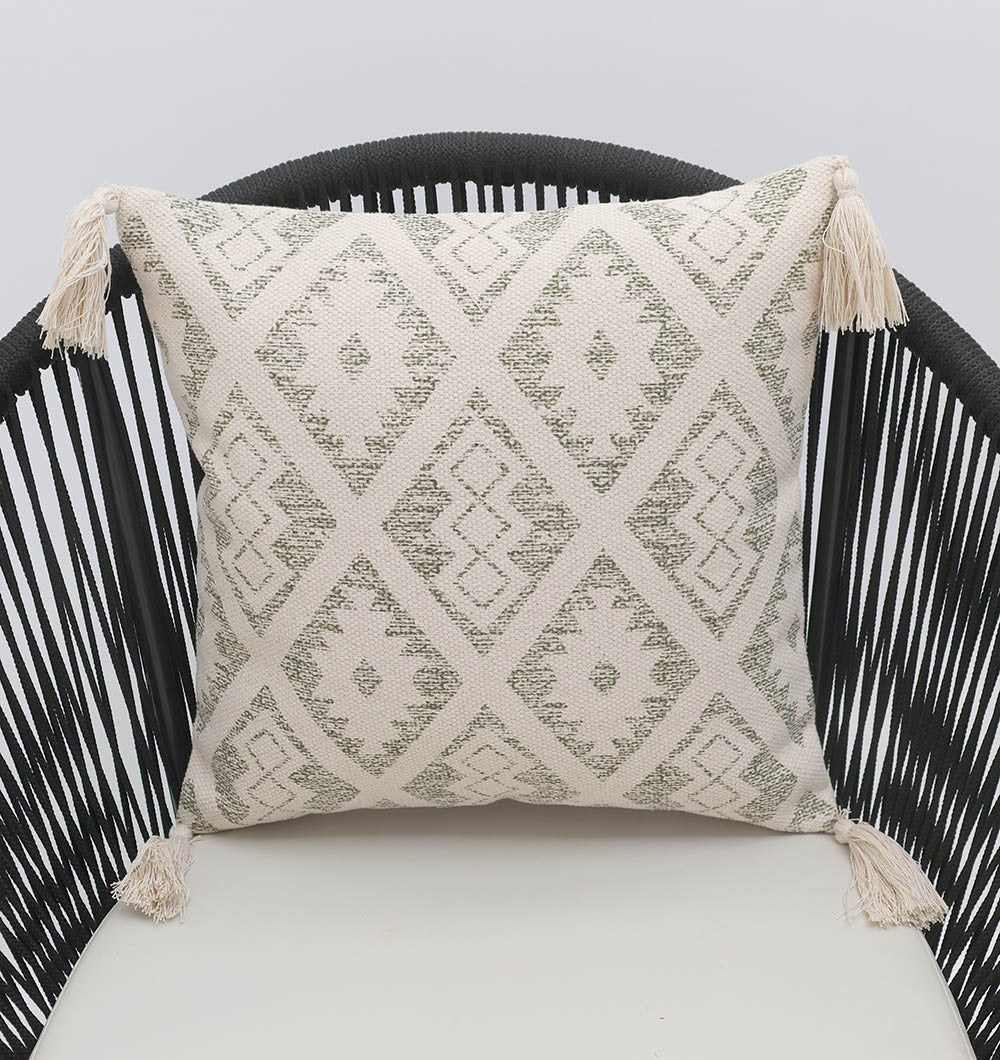 The White and grey Printed Cotton Cushion 45x45 cm CS 325 from Ramsha Home rests on a black curved-back chair with a white seat.