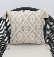 The White and grey Printed Cotton Cushion 45x45 cm CS 325 from Ramsha Home rests on a black curved-back chair with a white seat.