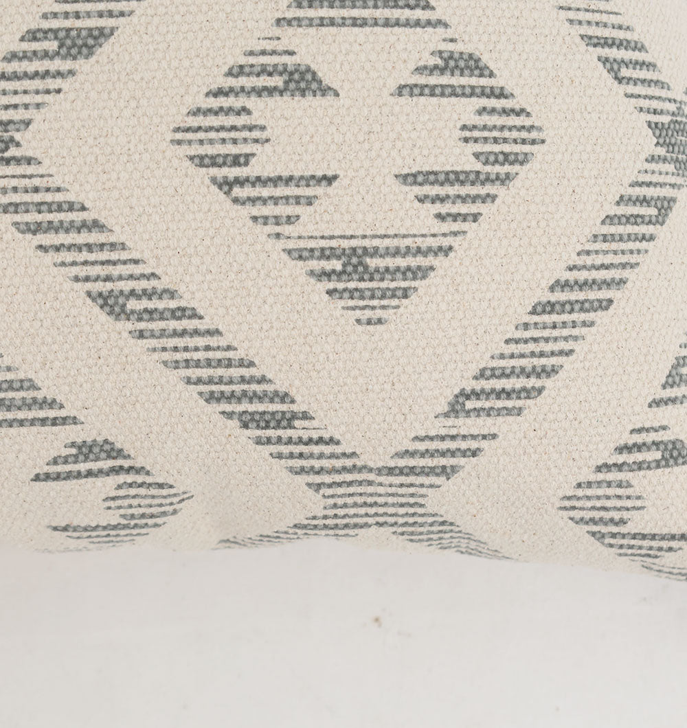 Close-up of the Ramsha Home Cream and Grey Printed Cotton Cushion 45x45 cm CS 326, featuring a geometric diamond and line pattern in gray and off-white, finished with a decorative tassel for added charm.