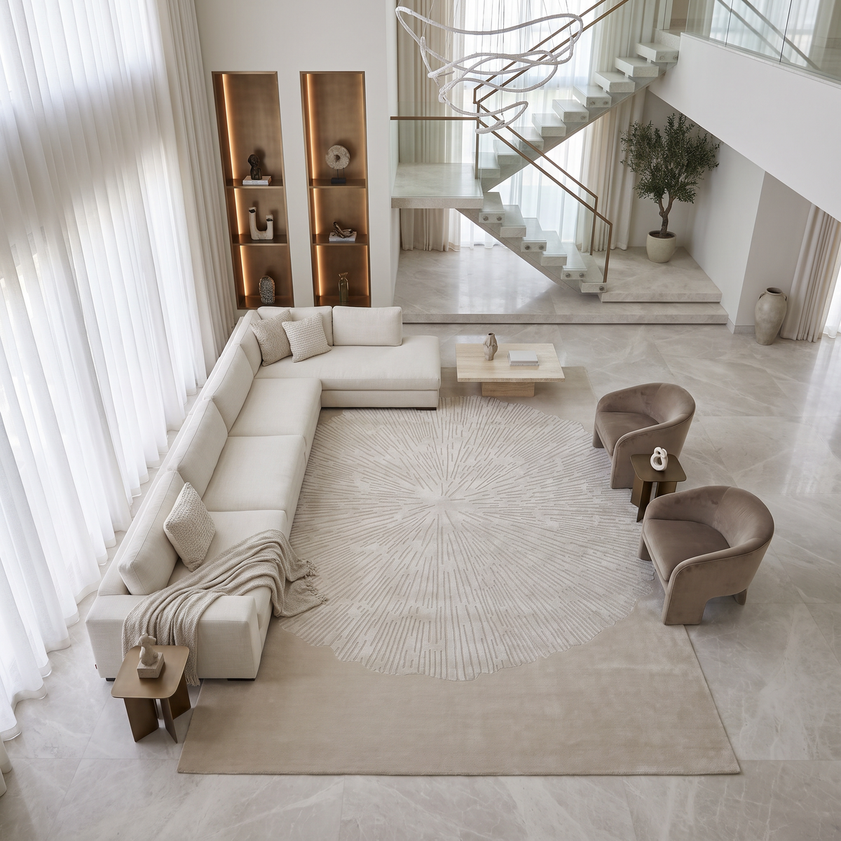 Modern living room featuring a white sectional sofa, two beige chairs, a RAMSHA HOME Hand-Tufted Carpet For Home Decor HTWV-76, built-in shelves with decor, a coffee table, and a glass staircase. Large windows with sheer curtains let in abundant natural light.
