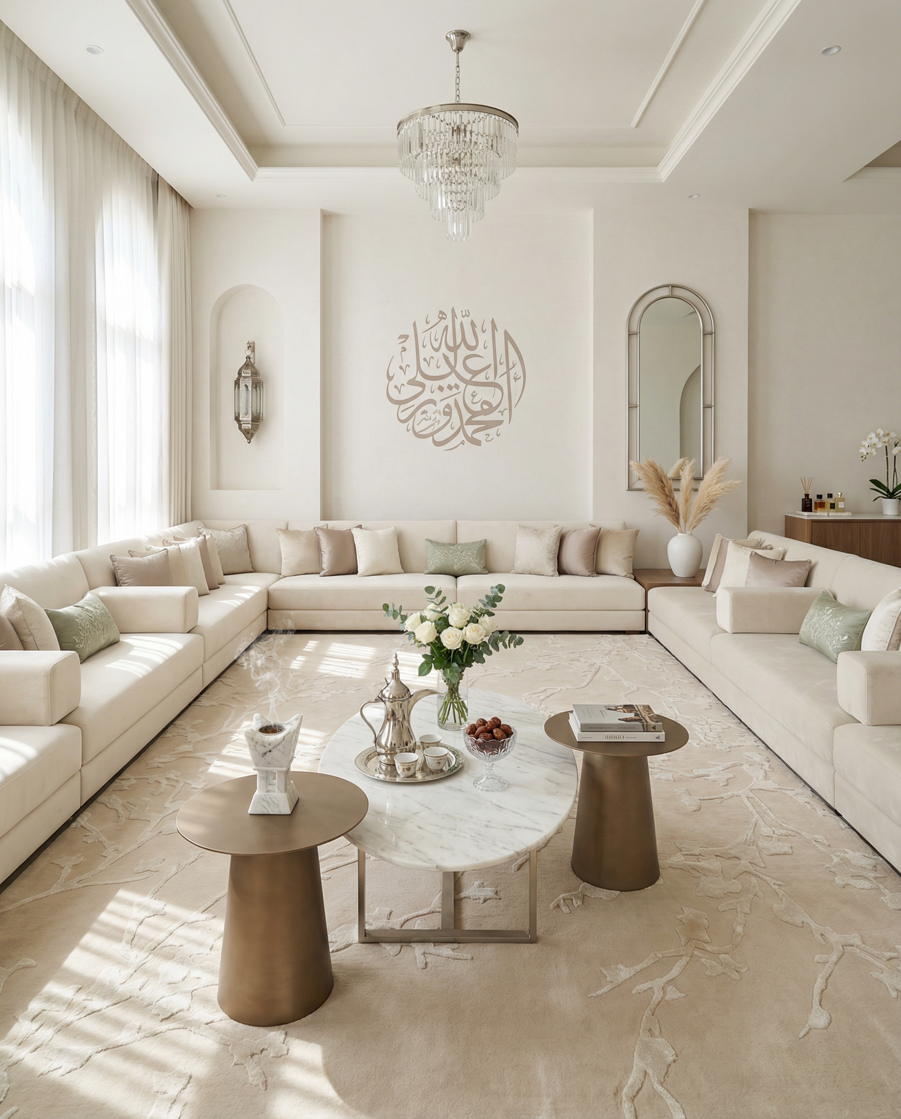 Elegant living room with cream-colored U-shaped sofas, marble coffee table, RAMSHA HOME’s Handmade beige Color Decor Rug-HTWV 115, large windows with sheer curtains, wall mirror, and Arabic calligraphy art above the seating area.