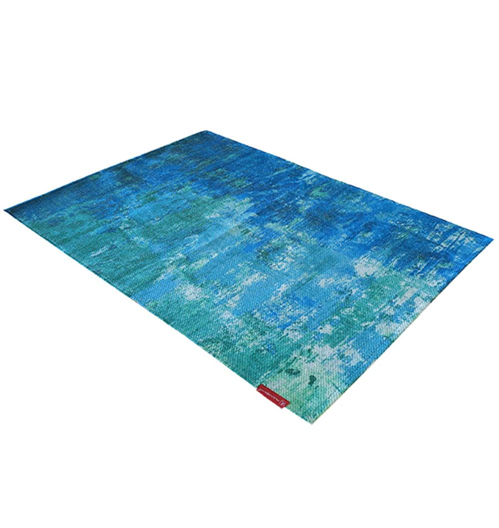 The RAMSHA HOME Gradient Printed Durry Multi Color DD-012 is a modern area rug with a blue and green abstract pattern and a small red tag on one corner, shown on a white background.