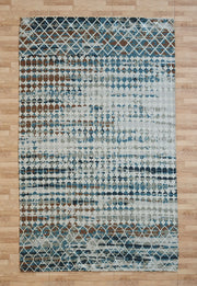 The RAMSHA HOME Modern Mosaic Digital Printed Rug for Living Room DD-047 features an abstract geometric pattern in blue, gray, and brown tones, displayed on a light wood floor with tile-style planks.