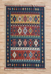 The RAMSHA HOME Classic Heritage 145x240 cm Digital Printed Area Rug DD-051 features geometric patterns with rows of vase-like shapes in red, blue, yellow, and white, bordered by diamond motifs, shown on a light wood floor.