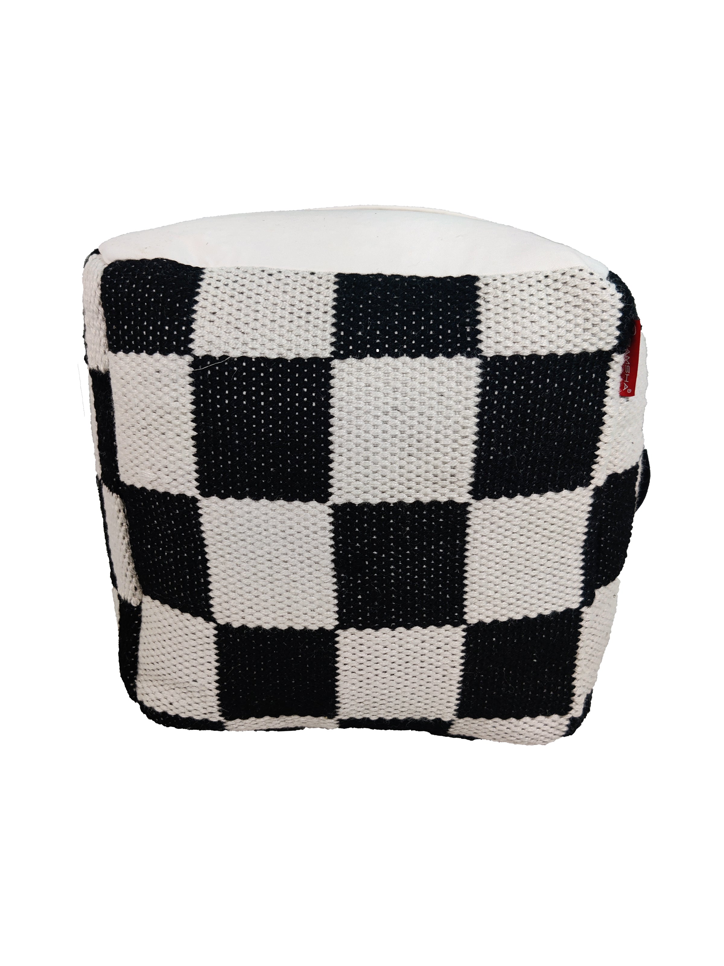 The RAMSHA HOME White And Black Polyester Pouf PF-111 features a cube shape and checkerboard pattern, providing comfortable seating and bold style for modern décor. Shown on a white background.