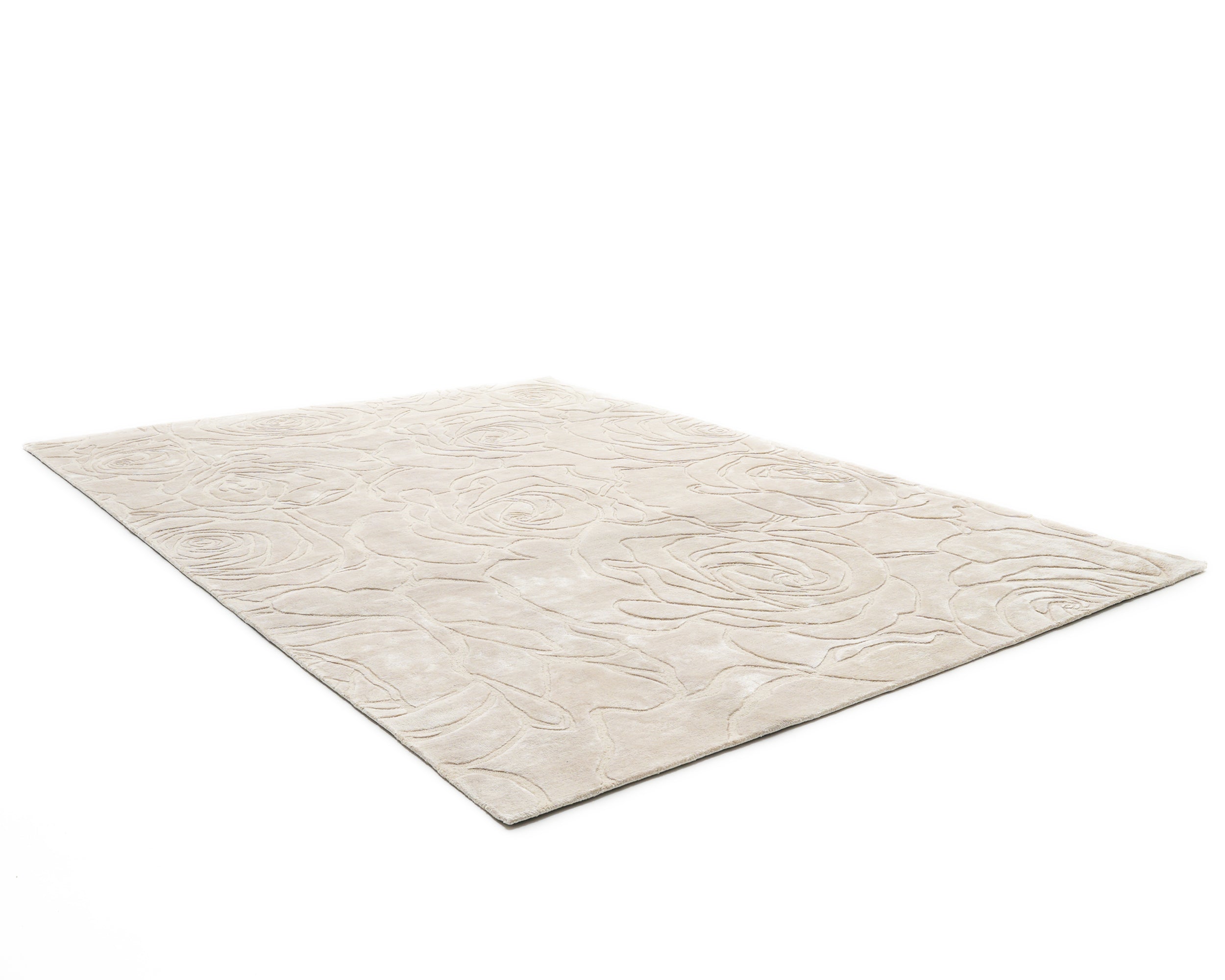 The RAMSHA HOME Home Decor Handmade Area Rug - HTWV-156 is a rectangular, light beige wool rug that showcases a delicate embossed rose pattern. Displayed on a white background, this hand tufted rug features refined carved texture for added depth and elegance in any room.