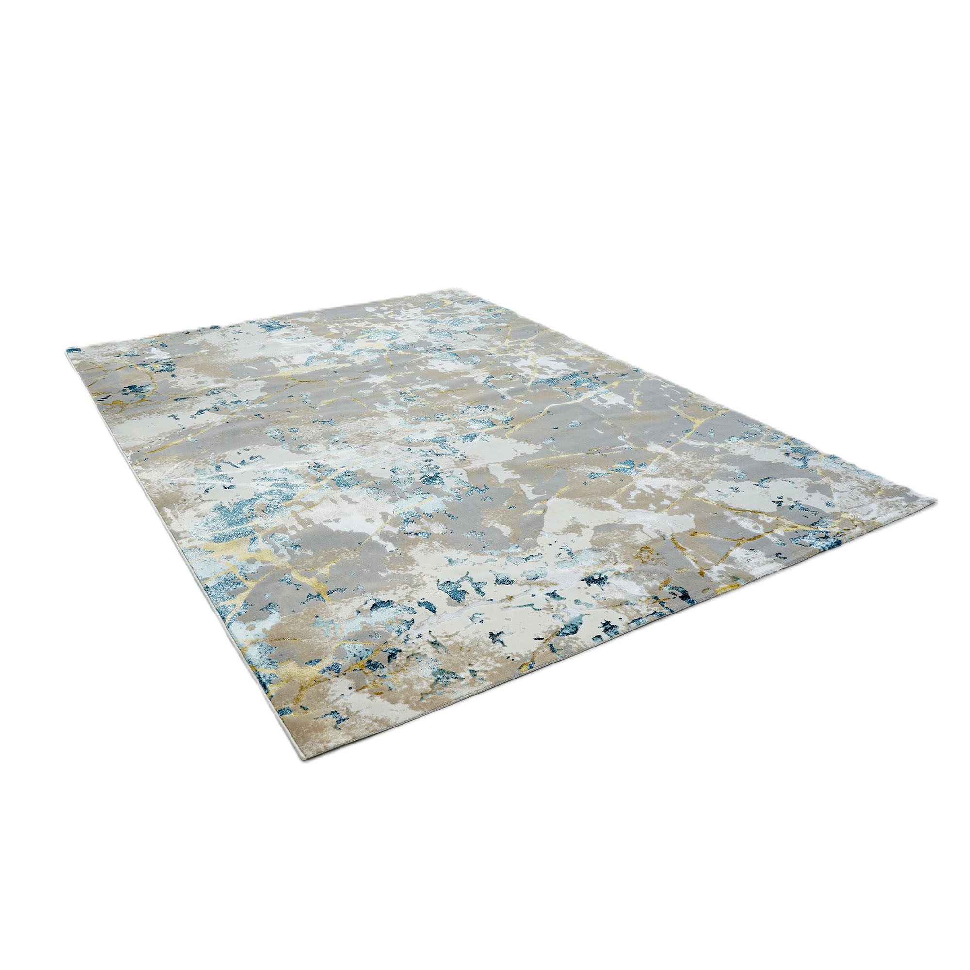The RAMSHA HOME Cream & Gold Color Machine Made Turkish Rug (NN66A) features a rectangular modern abstract design in beige, blue, gray, and yellow splashes. Stain-resistant polyester ensures lasting style and easy care. Low-angle view highlights its vibrant look.