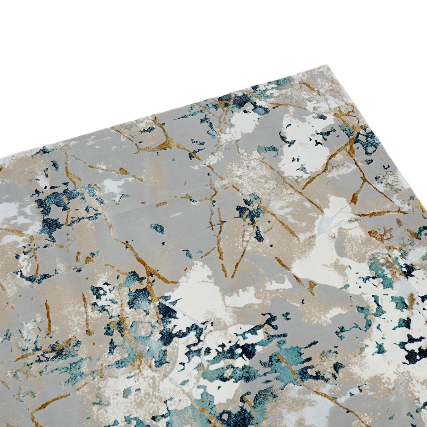 A close-up of the RAMSHA HOME Cream & Gold Color Machine Made Turkish Rug (NN66A), featuring a modern abstract design with irregular patterns and intersecting lines in gray, white, blue, and gold.