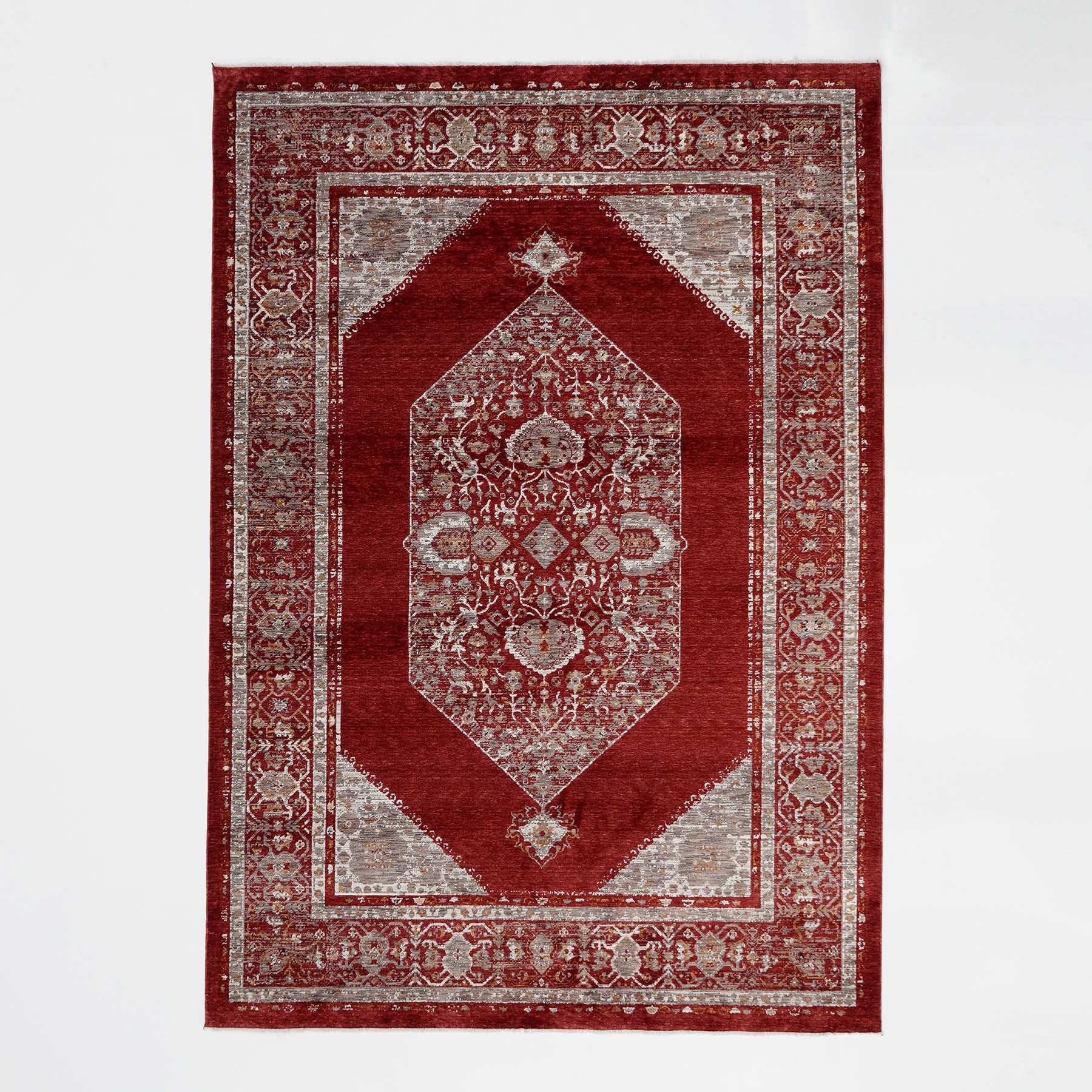 The RAMSHA HOME Luxurious Texture Turkey Multi Color Machine Made Rug - K643C is a rectangular, Persian-inspired area rug with intricate floral and geometric beige and white patterns, a central medallion, and multiple borders, displayed on a white background.