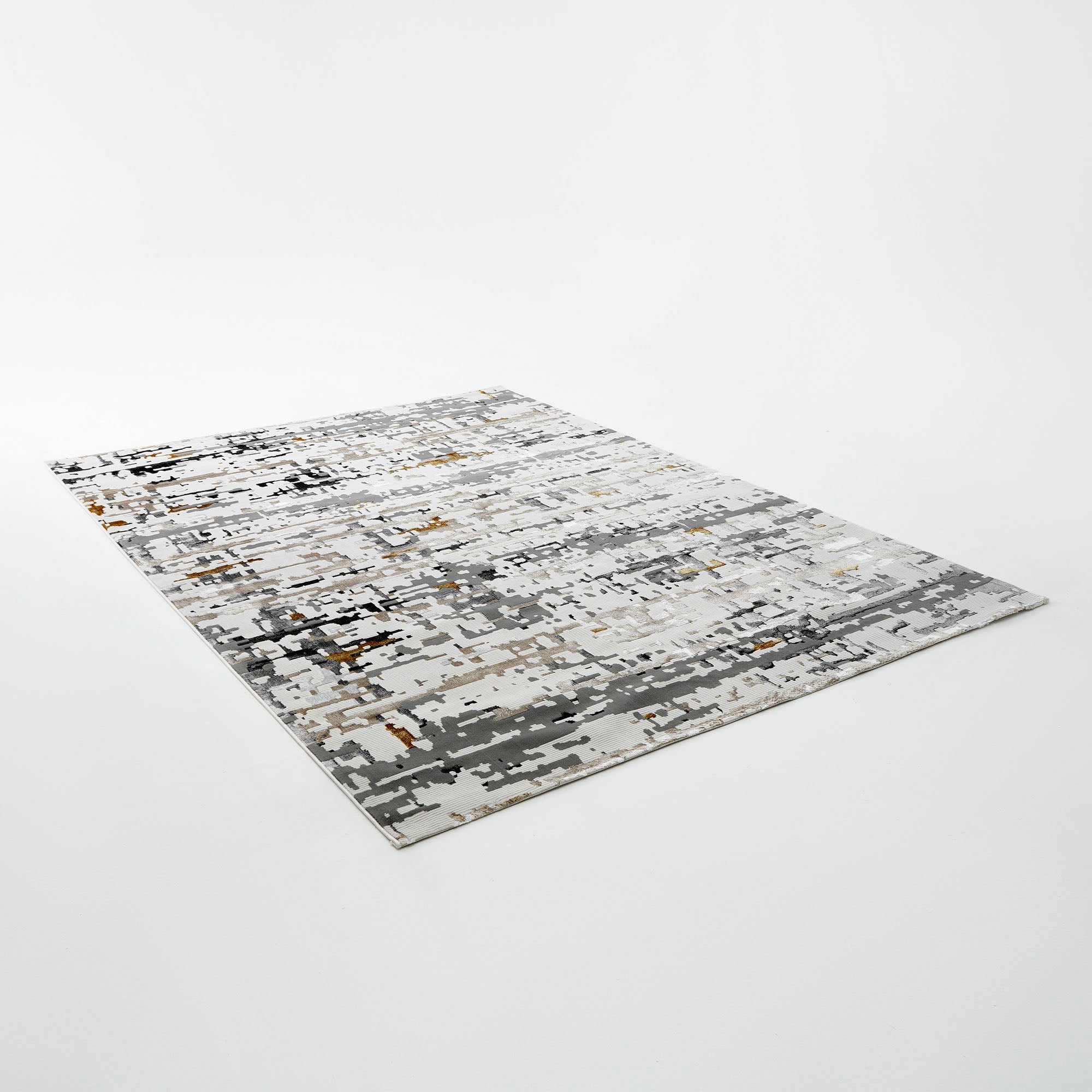 The RAMSHA HOME Geometry Pattern Cream Colored Machine Made Rug MZ40B features a modern abstract design in cream, gray, and gold tones, displayed against a plain white background.