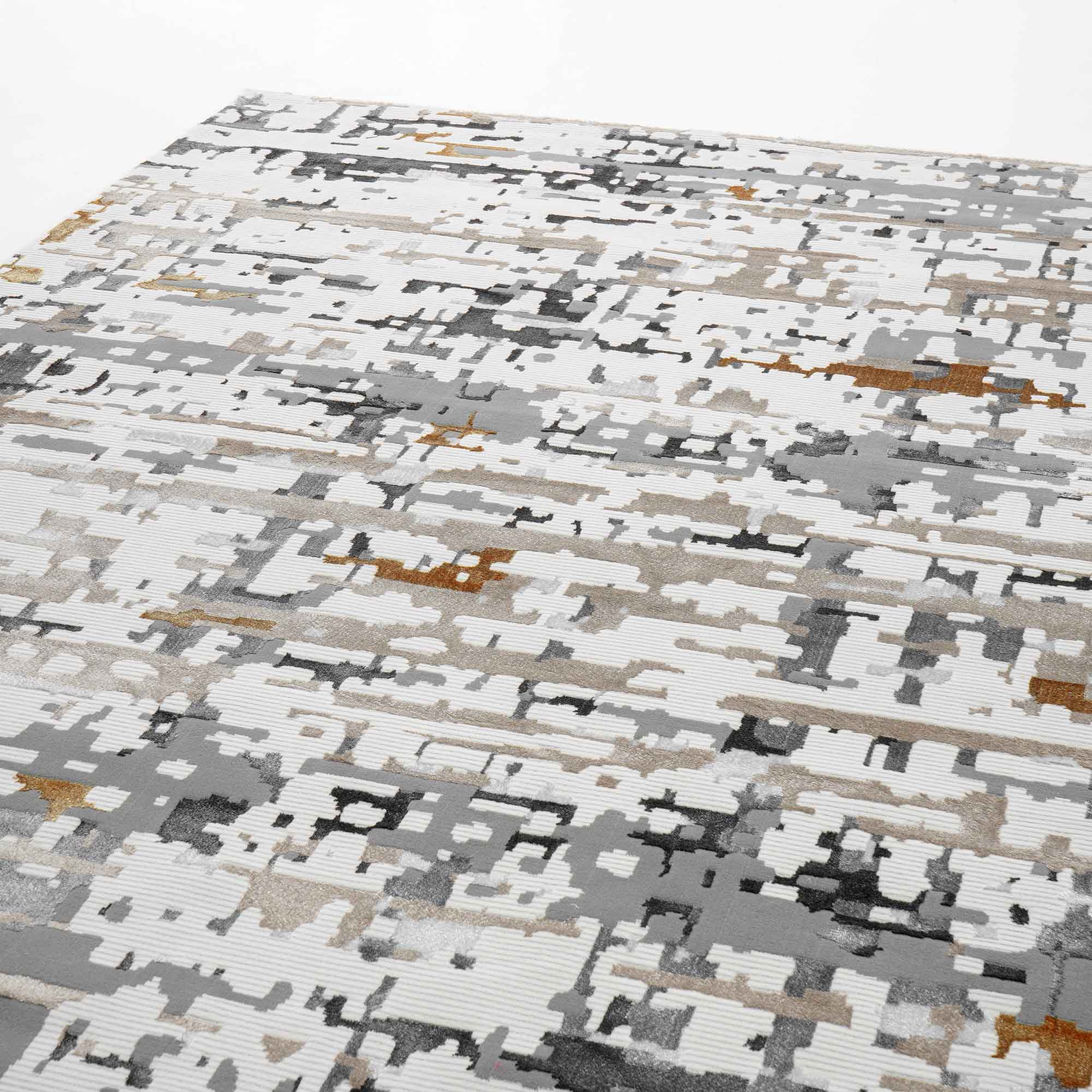 A close-up of the RAMSHA HOME Geometry Pattern Cream Colored Machine Made Rug MZ40B shows its abstract gray, white, and brown design on a white background, adding contemporary style to any room.