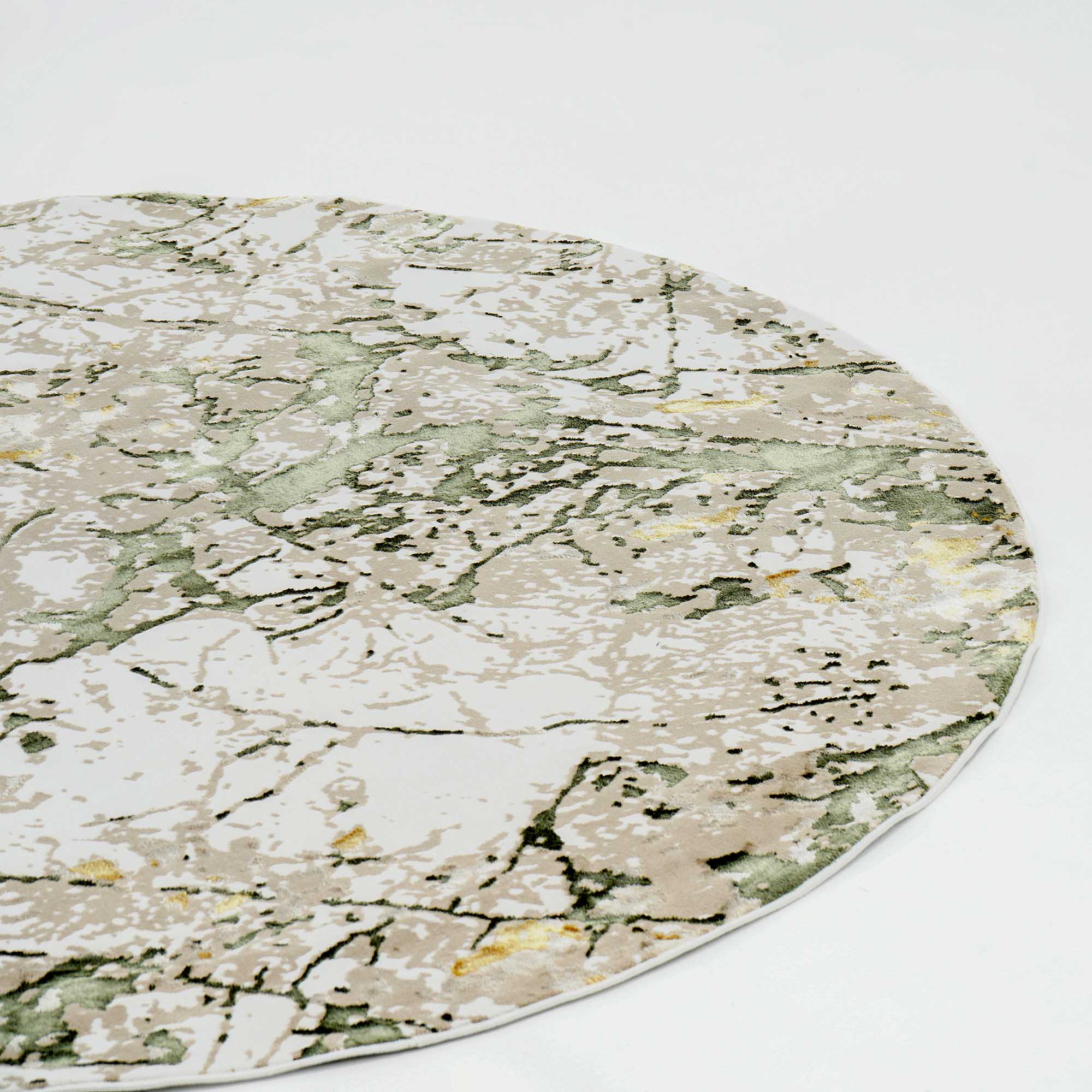 The RAMSHA HOME Decorative Light Green NM85A Area Rug is a round, machine-made rug with an abstract marble pattern in gray, green, and beige on a white background.