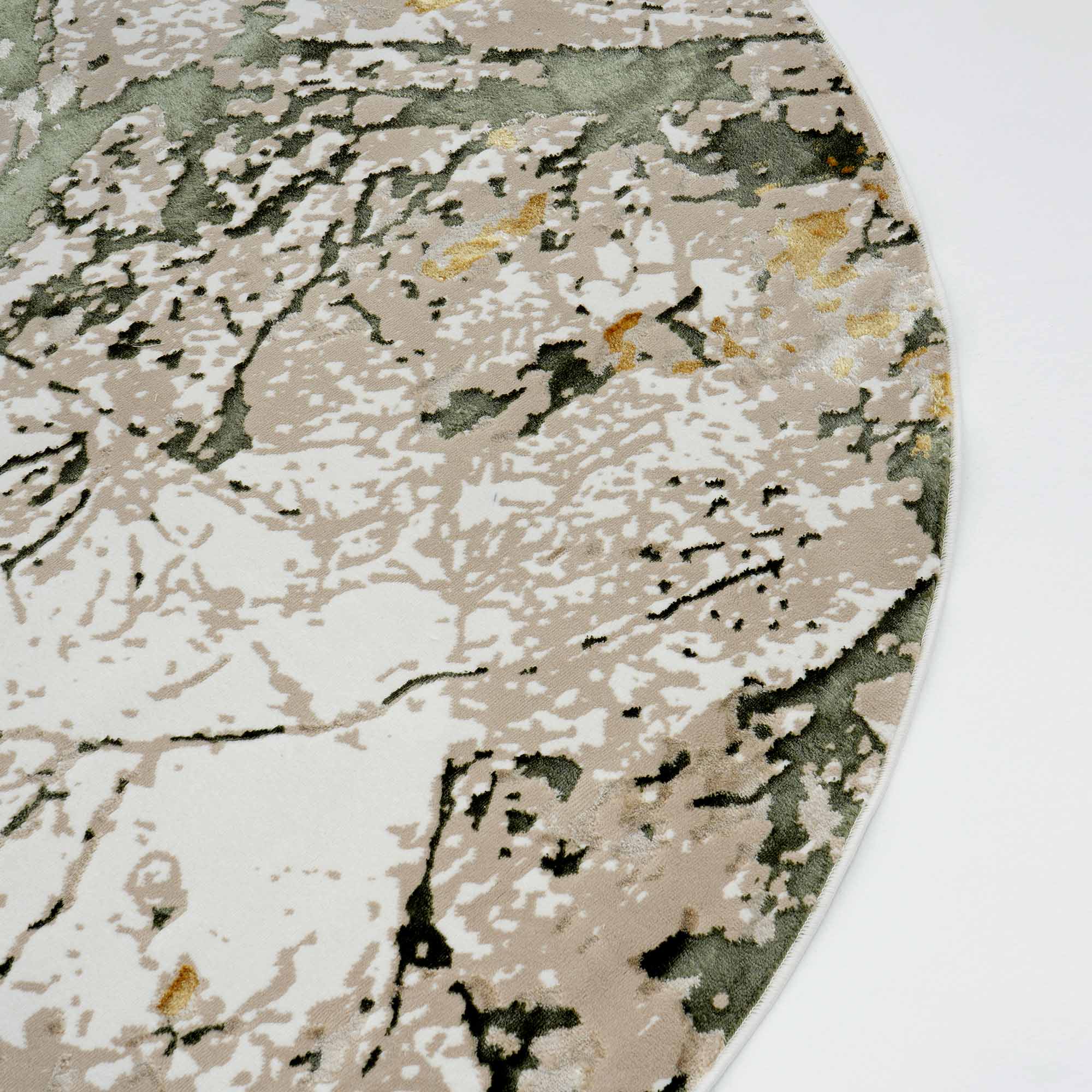 Close-up of the RAMSHA HOME Decorative Light Green NM85A Area Rug, a round machine-made rug with an abstract marbled pattern in beige, cream, gray, light green, and gold tones.