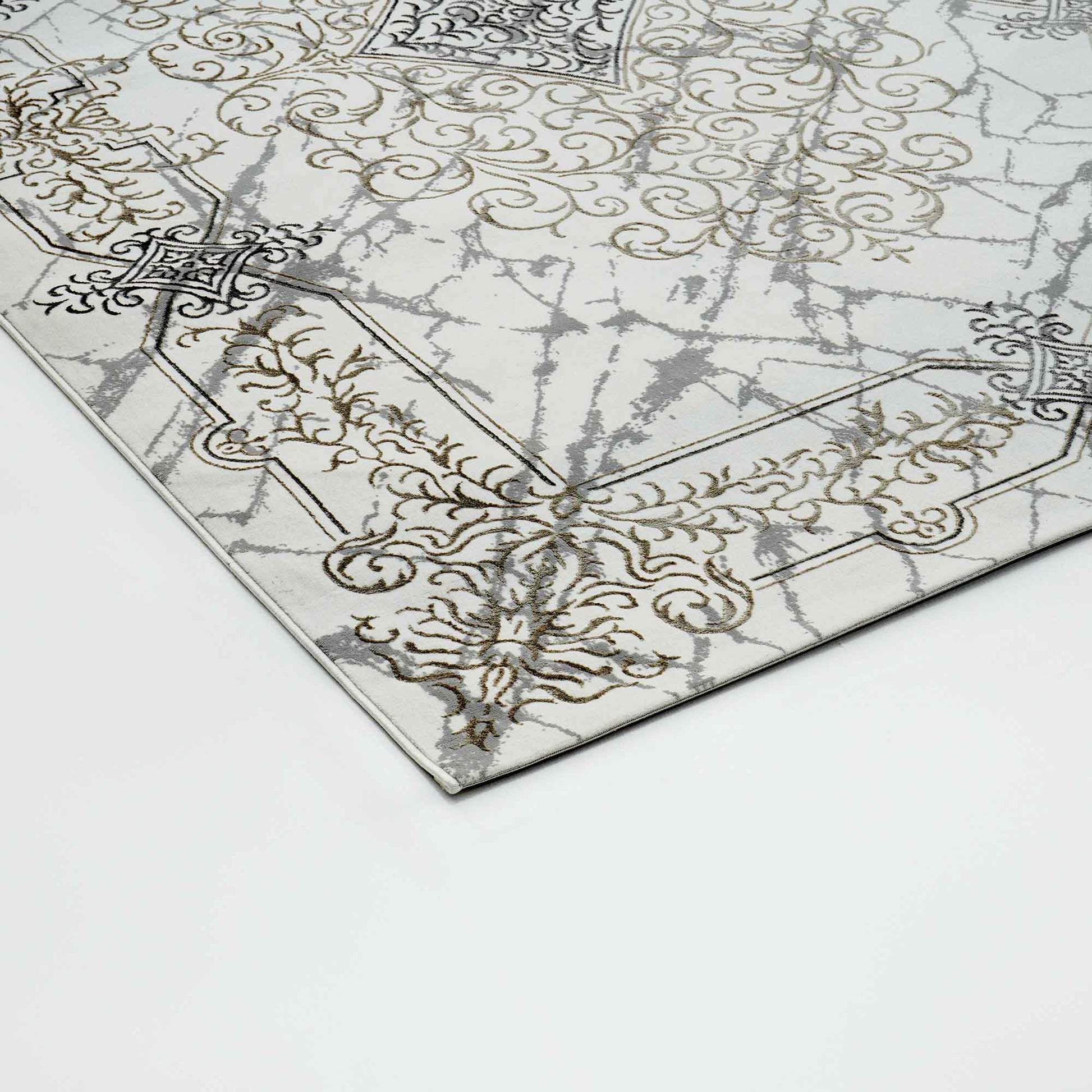 The RAMSHA HOME Beige Color Polyester NK33C Area Rug features a marble-inspired design with light beige and cream tones, accented by elegant gold and dark grey patterns along the border to add refined texture to any room.