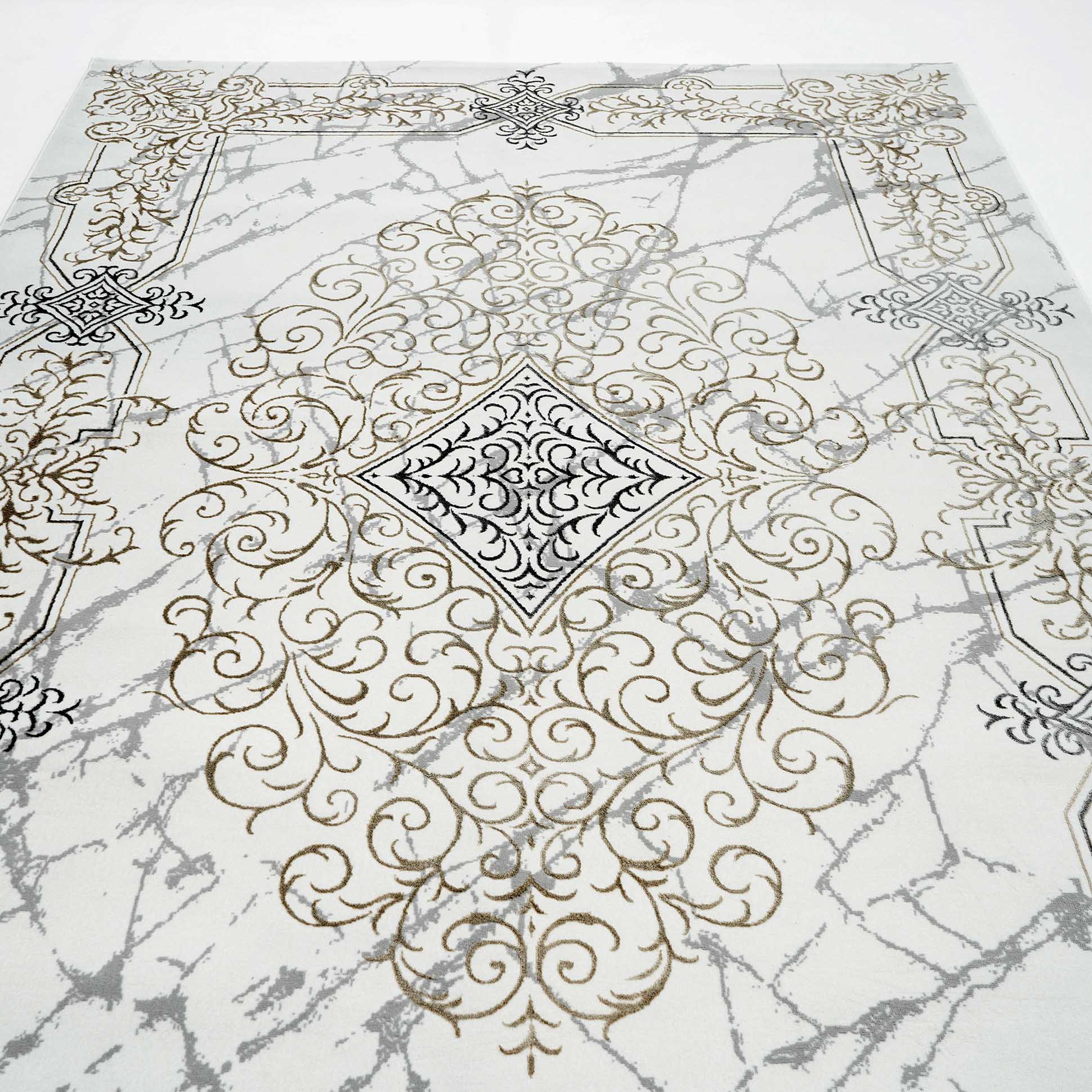 The RAMSHA HOME Beige Color Polyester NK33C Area Rug features a modern rectangular design with ornate gold and gray scrollwork, a central black and gray diamond pattern, marble-like veining, and intricate corner accents.