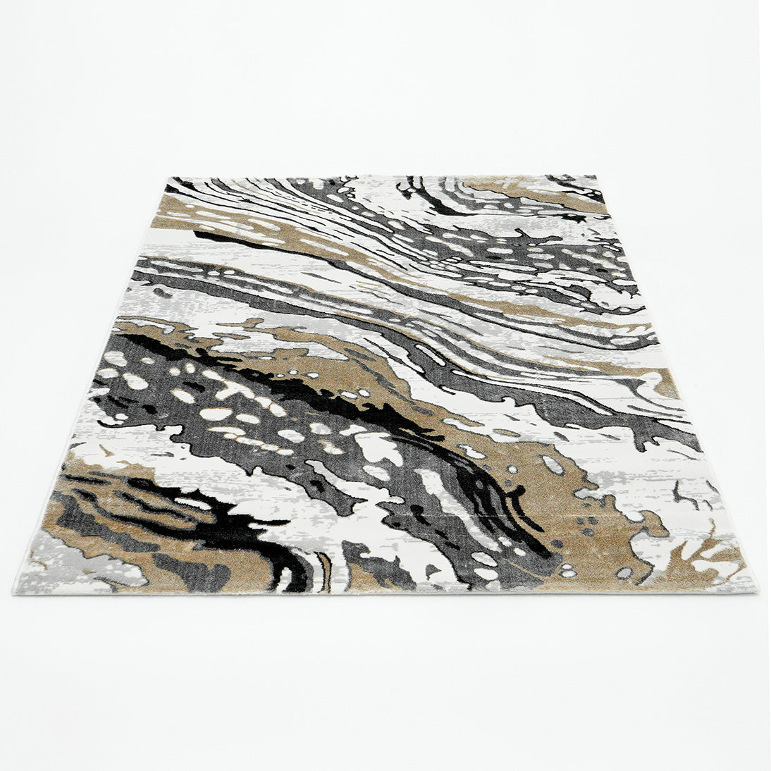 The RAMSHA HOME Shrink Cream ND53K Polyester Decorative Floor Rug features a modern rectangular design with an abstract swirling marble pattern in black, gray, white, and tan on a plain white background.