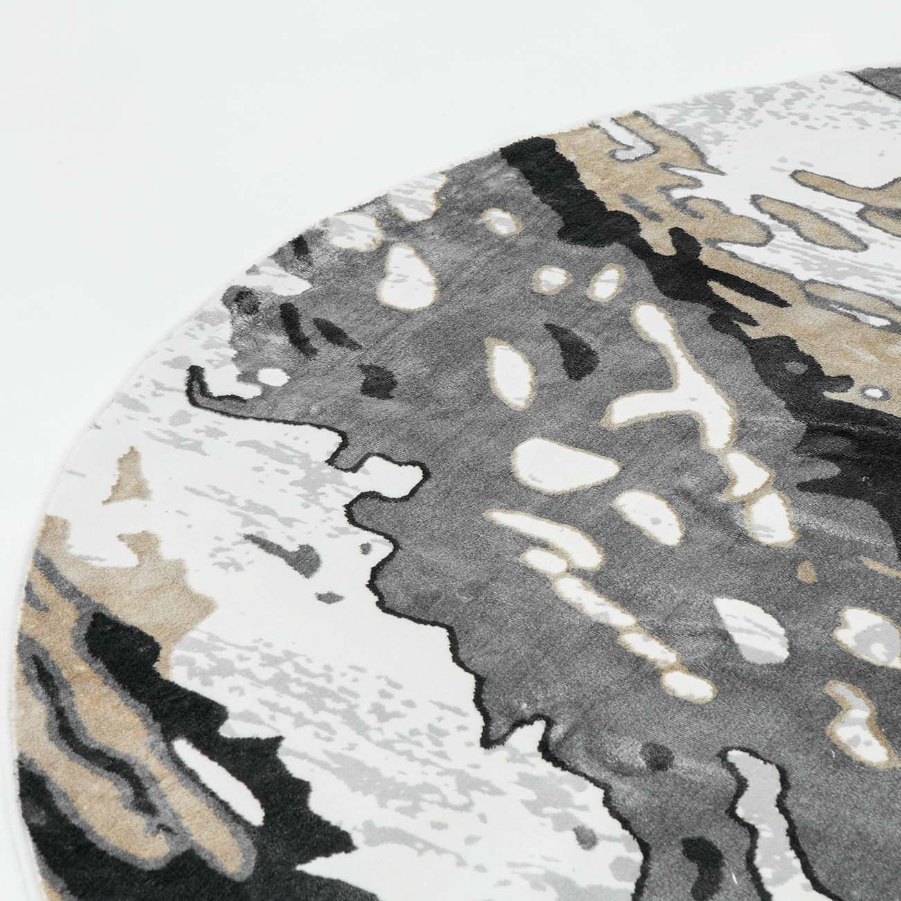 Close-up of the RAMSHA HOME Shrink Cream ND53K Polyester Decorative Floor Rug, showcasing an abstract pattern in gray, black, white, and beige with irregular shapes and flowing lines that evoke a marble-inspired design.