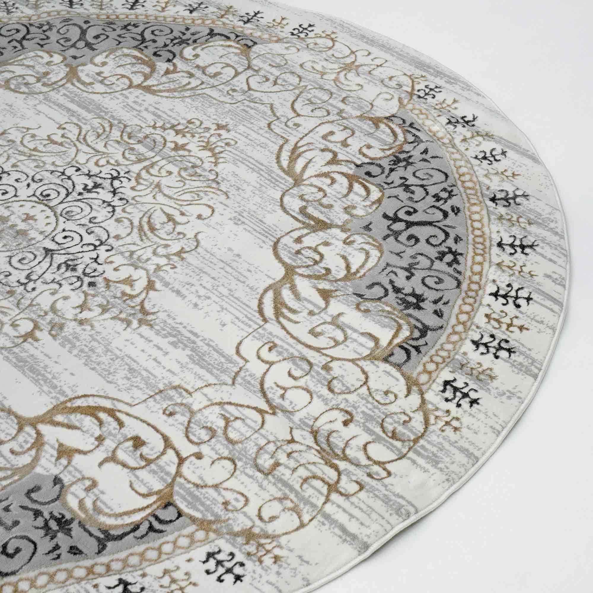 The RAMSHA HOME Light Grey Color NK36B 100% Polyester Silk Rug features an ornate gold and beige swirling pattern with intricate detailing and decorative motifs on a light grey and white background.