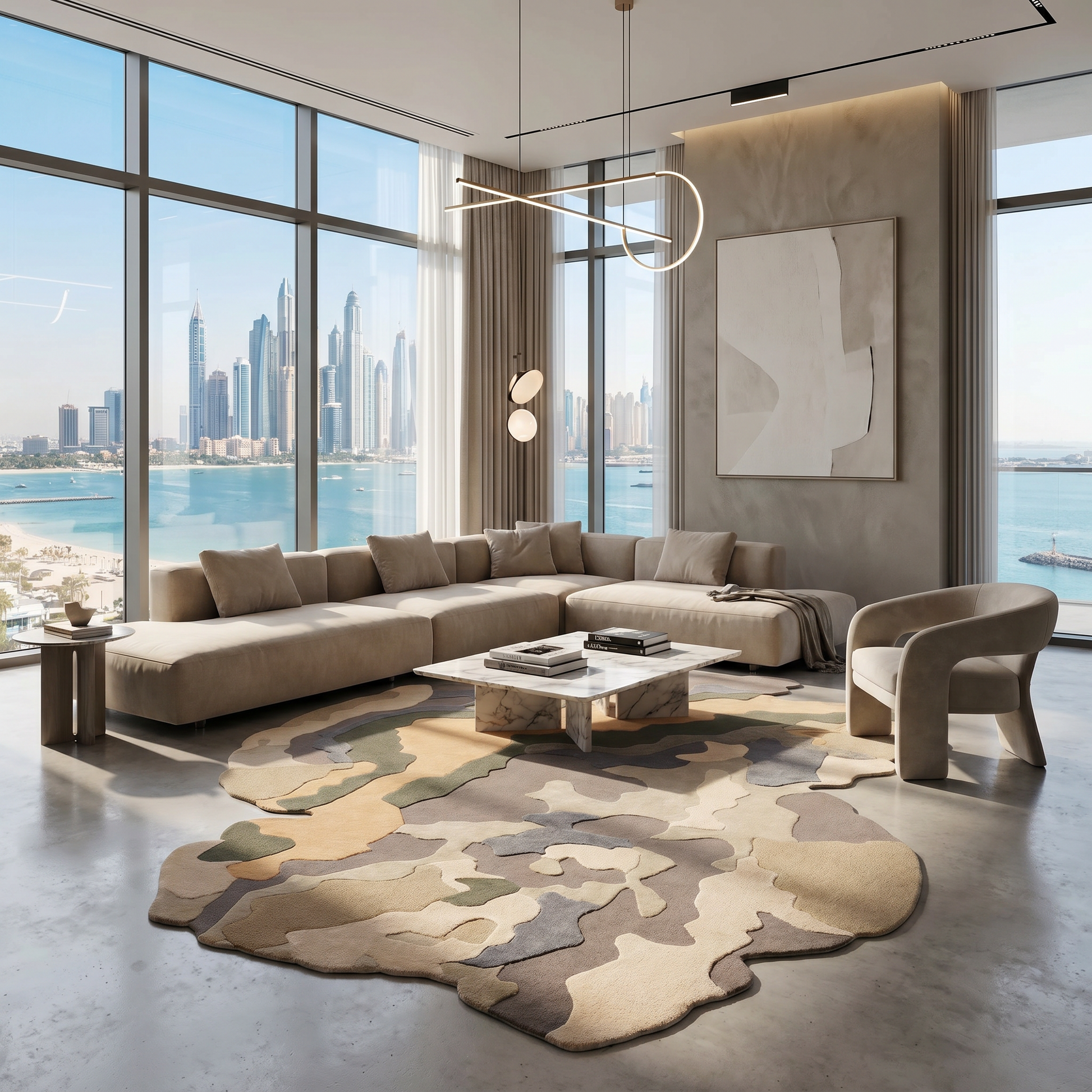 A modern living room with beige furniture, a marble coffee table, and the RAMSHA HOME Contemporary Flow Area Handmade Rug HTWV-199. Large windows reveal a breathtaking city skyline and waterfront under a clear sky.