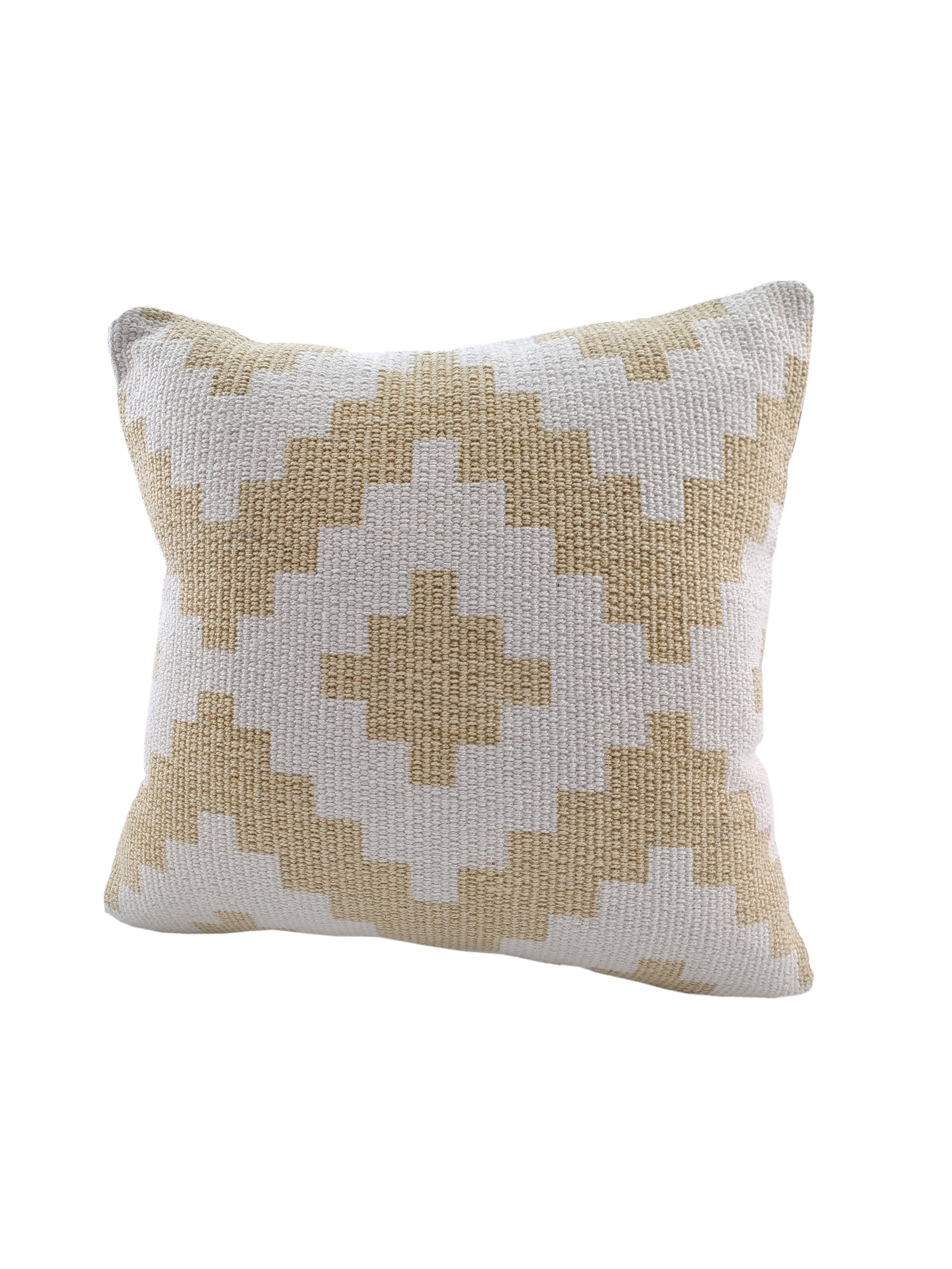 The RAMSHA HOME Zigzag Design Pattern Cotton Cushion CS-179 features a square woven cover with a beige and white geometric diamond pattern, offering a stylish accent against its plain white background.