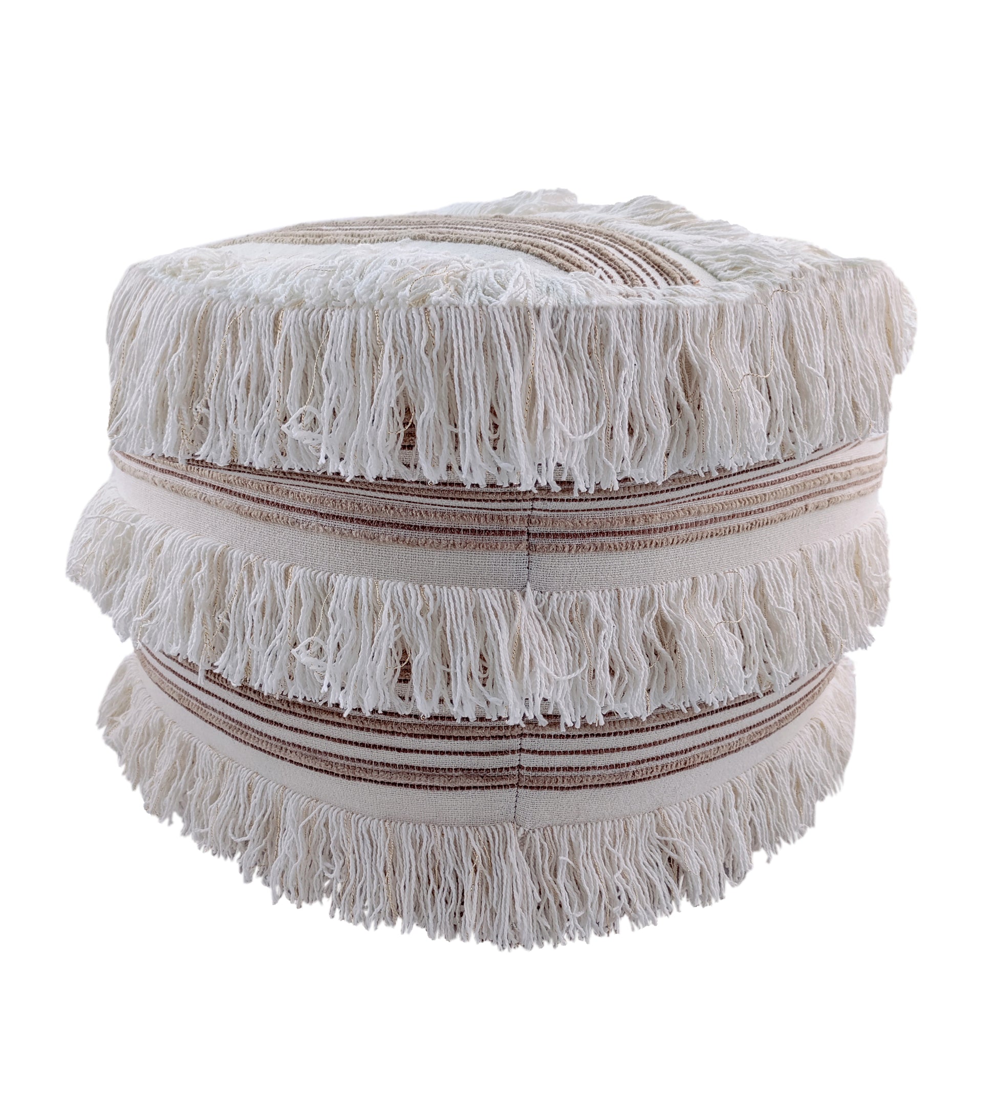 The RAMSHA HOME Cotton Boho Pouf With Fringes PF-067 is a round, beige ottoman featuring two rows of thick white fringe and brown striped accents for a textured, cozy boho look.