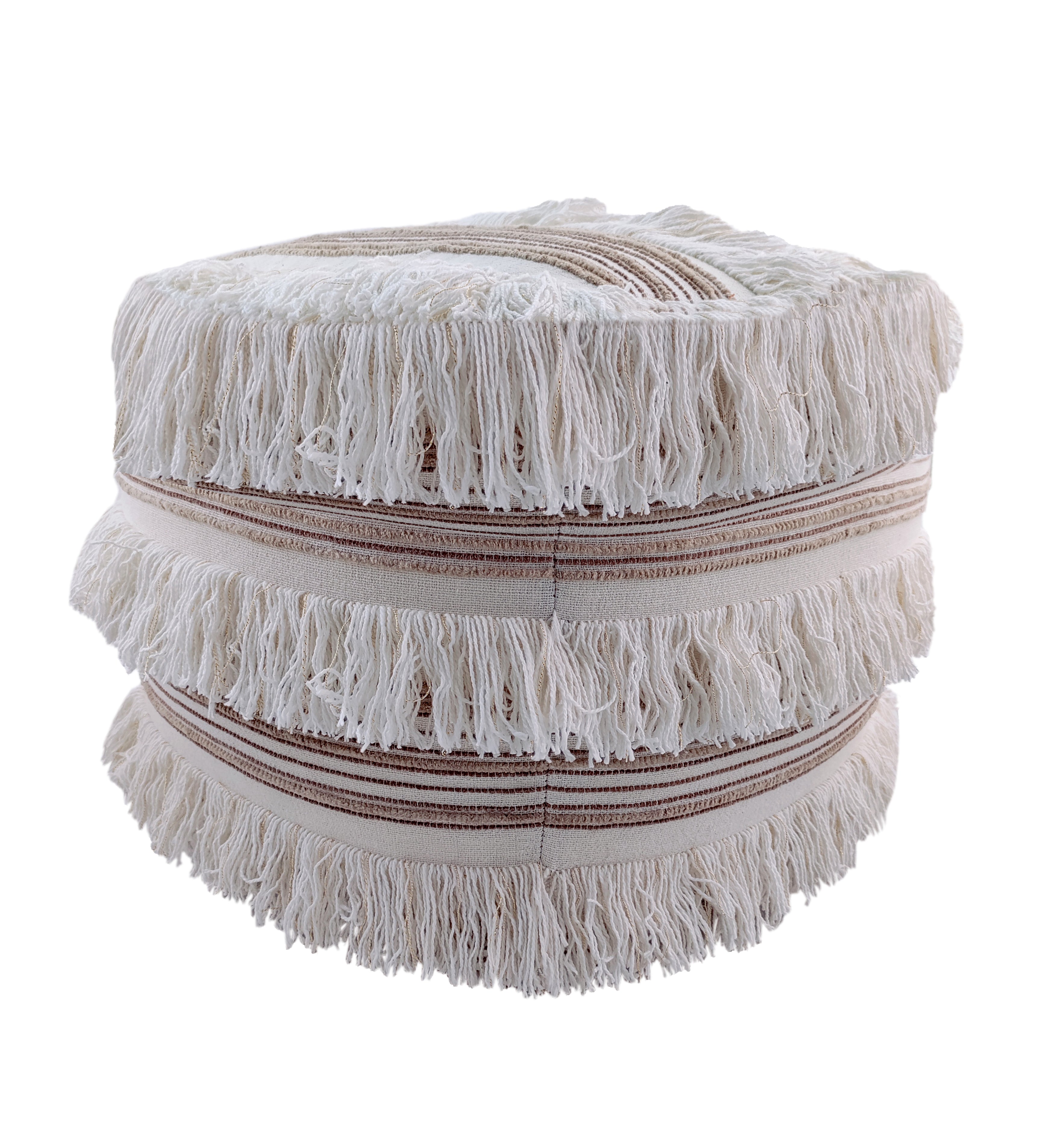 The RAMSHA HOME Cotton Boho Pouf With Fringes PF-067 is a round, beige ottoman featuring two rows of thick white fringe and brown striped accents for a textured, cozy boho look.